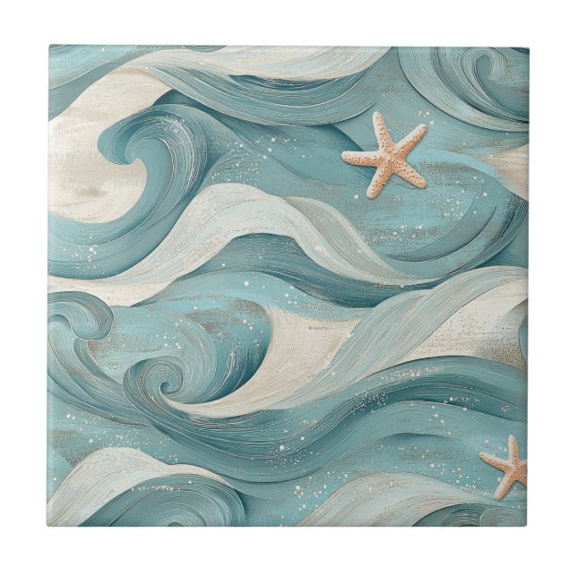 Azulejo Coastal Starfish on Aqua Sand Waves Pattern (11) (Frente)