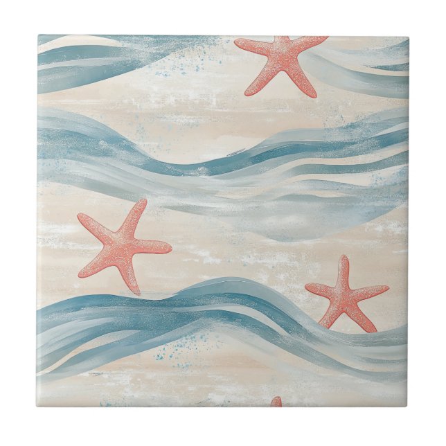 Azulejo Coastal Starfish on Aqua Sand Waves Pattern (2) (Frente)