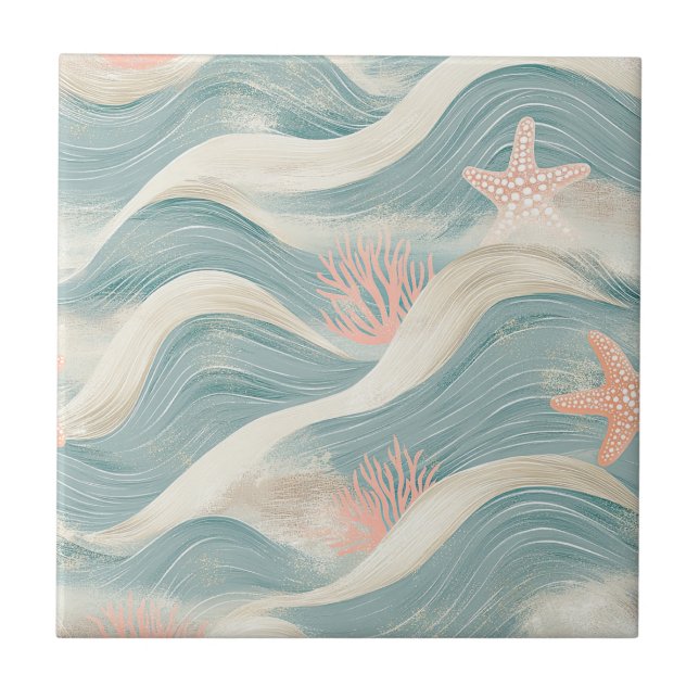 Azulejo Coastal Starfish on Aqua Sand Waves Pattern (8) (Frente)