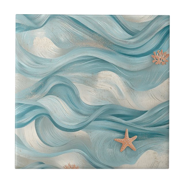 Azulejo Coastal Starfish on Aqua Sand Waves Pattern (9) (Frente)