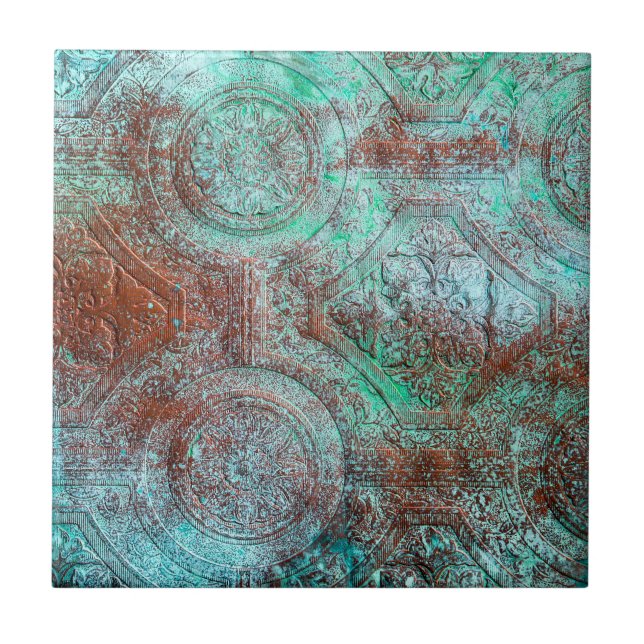 Azulejo Cobre con pátina rústica y turquesa (Frente)