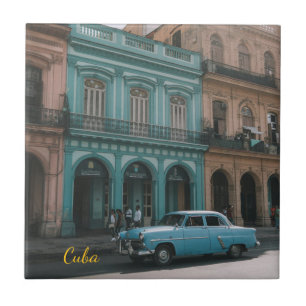 Azulejo Coche clásico vintage azul verdoso Antigua Habana 