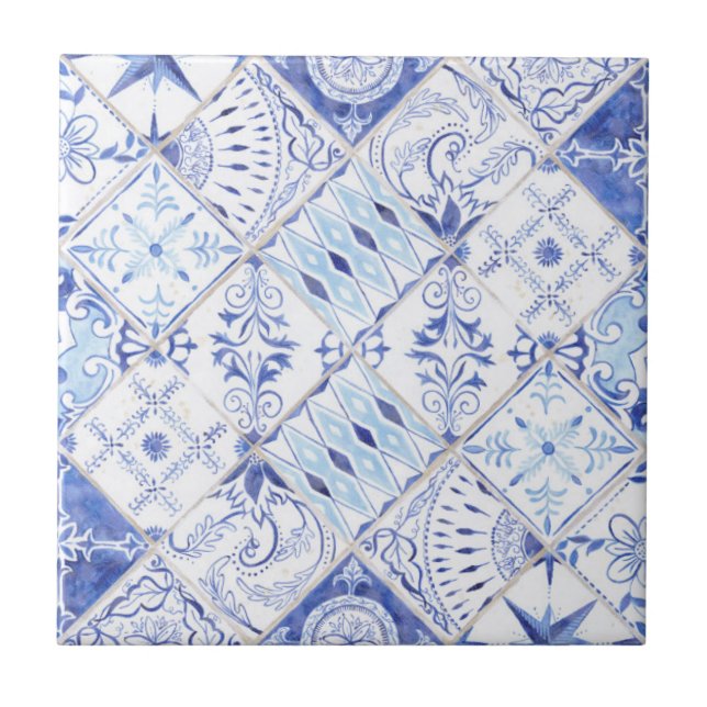 Azulejo Cocina blanca floral de color azul mediterráneo (Frente)