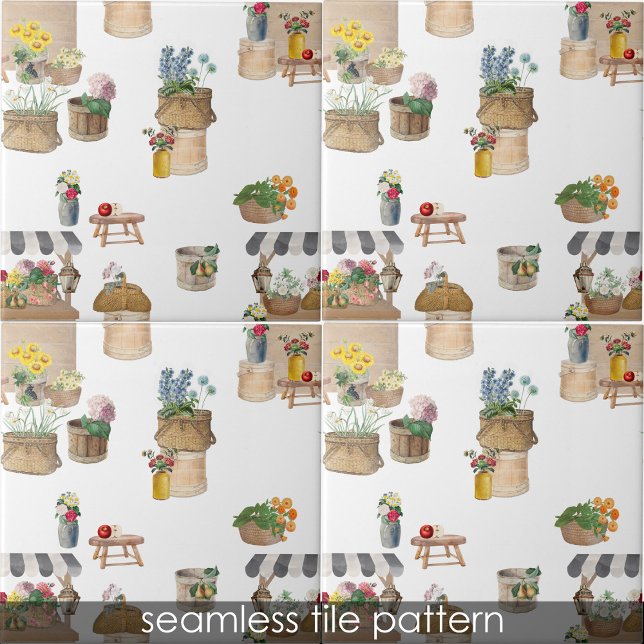 Azulejo Cocina de carrito de flores de los agricultores de (Watercolor Farmer's Market Flower Cart Kitchen Ceramic Tile)