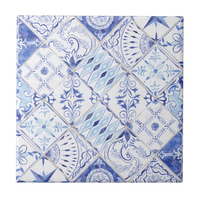 Azulejo Cocina de cosecha blanca floral mediterránea (Frente)