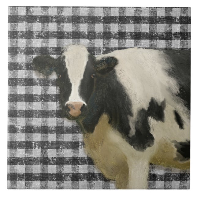 Azulejo Cocina rural rústica de vaca negra y blanca (Frente)