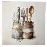 Azulejo Cocina Rústica Utensilios Watercoloridos Tile Cerá<br><div class="desc">Se utilizaron utensilios de acuarela rústicos para crear esta cerámica perfecta. Combina y combina con otros mosaicos complementarios para crear tu propio aspecto personalizado. Para crear el patrón también hay disponibles mosaicos de color de piedra falsa.</div>