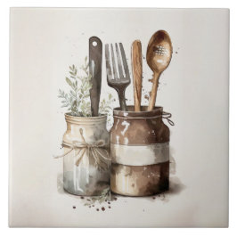 Azulejo Cocina Rústica Utensilios Watercoloridos Tile Cerá