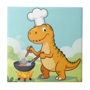 Azulejo Cocinero Dinosaurio Cocinando Divertido