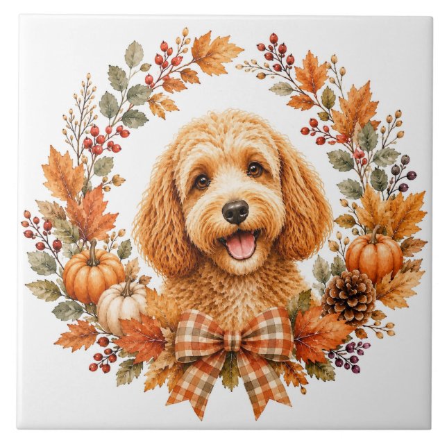 Azulejo Cockapoo Corona de Otoño (Frente)
