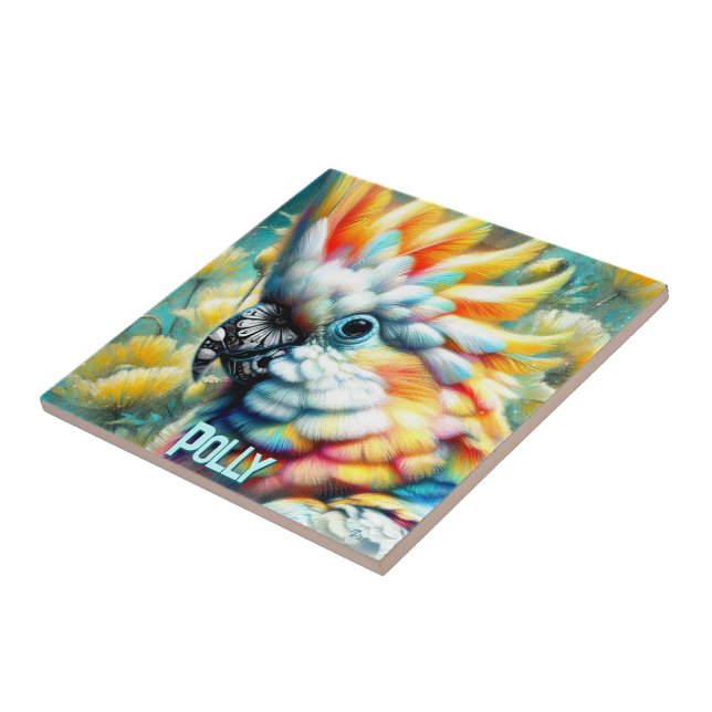 Azulejo Cockatoo Bird Yellow Poppies Personalized (Lado)