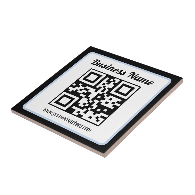 Azulejo Código QR y texto editables con borde azul claro (Lado)