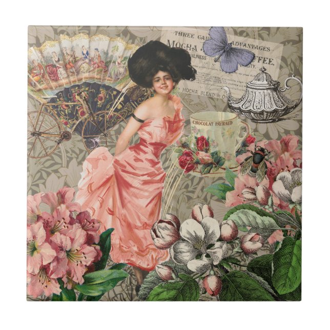 Azulejo Coffee Lady Victorian Mujer Rosa Clásica (Frente)