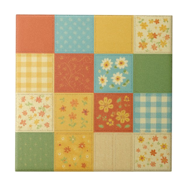 Azulejo Colcha de patchwork amarilla granja floreada rústi (Frente)