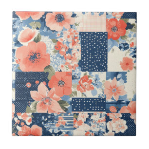 Azulejo Colcha de patchwork floral americana en azul marin