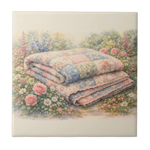 Azulejo Colcha de patchwork floral Cottagecore acuarela