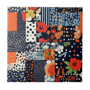 Azulejo Colcha de patchwork floral de coral navy vintage