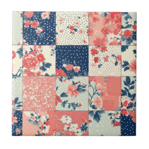 Azulejo Colcha floral de cottage pastel en índigo y meloco