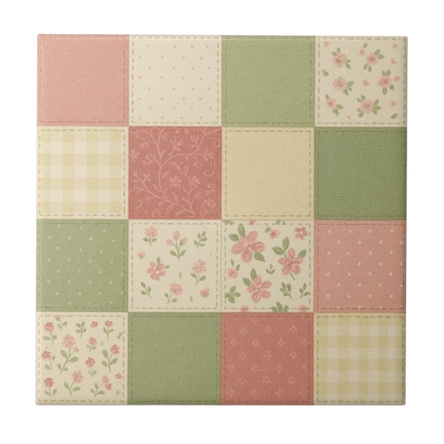 Azulejo Colcha Floral de Parche de Rosa Verde Granja Rústi (Frente)