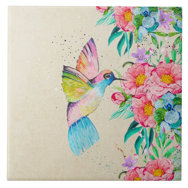 Azulejo Colibrí acuarela capilar y flores (Frente)