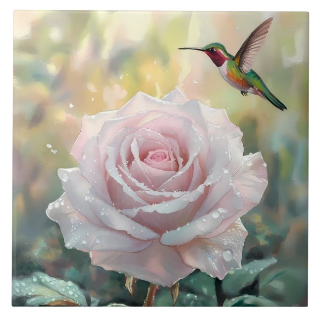 Azulejo Colibrí acuarela y rosa rosa (Frente)