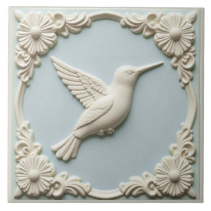 Azulejo Colibrí Art Nouveau azul pastel con relieve falso