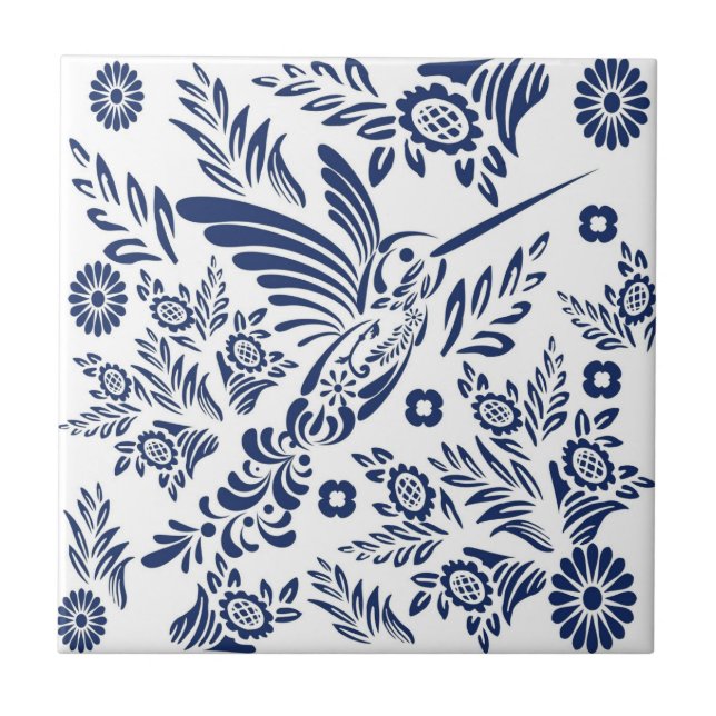 Azulejo Colibrí azul y blanca Talavera floral mexicana (Frente)