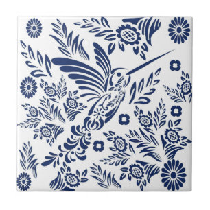 Azulejo Colibrí Azul y Blanco Talavera Floral Mexicana