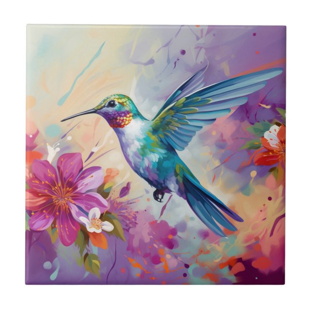 Azulejo Colibrí colorido con flores (Frente)