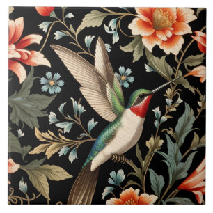 Azulejo Colibrí Hermoso sobre Fondo Floral Oscuro