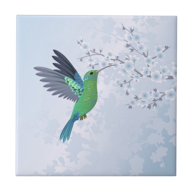 Azulejo Colibrí Verde Con Flor De Cerezo Azul (Frente)
