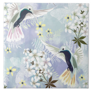Azulejo Colibrí y flores blancas