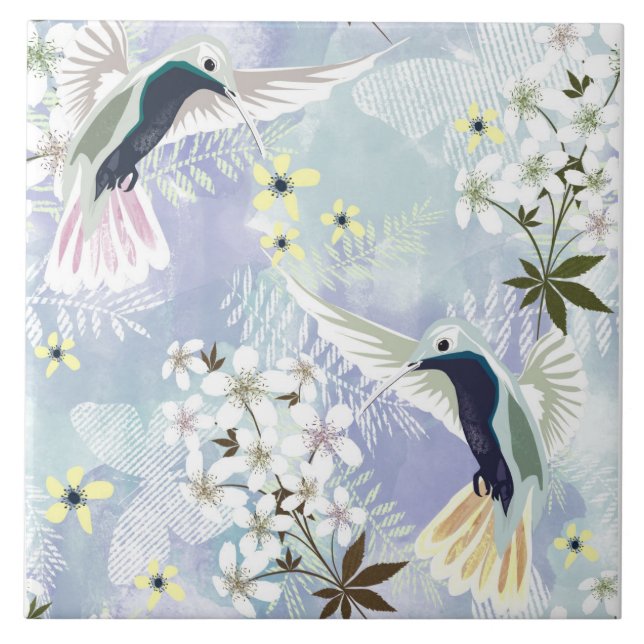 Azulejo Colibrí y flores blancas (Frente)