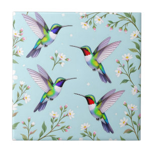 Azulejo Colibríes Vibrantes y Flor de Cerezo Blanca