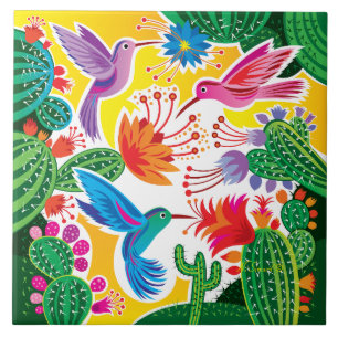 Azulejo Colibríes y Cactus en Flor