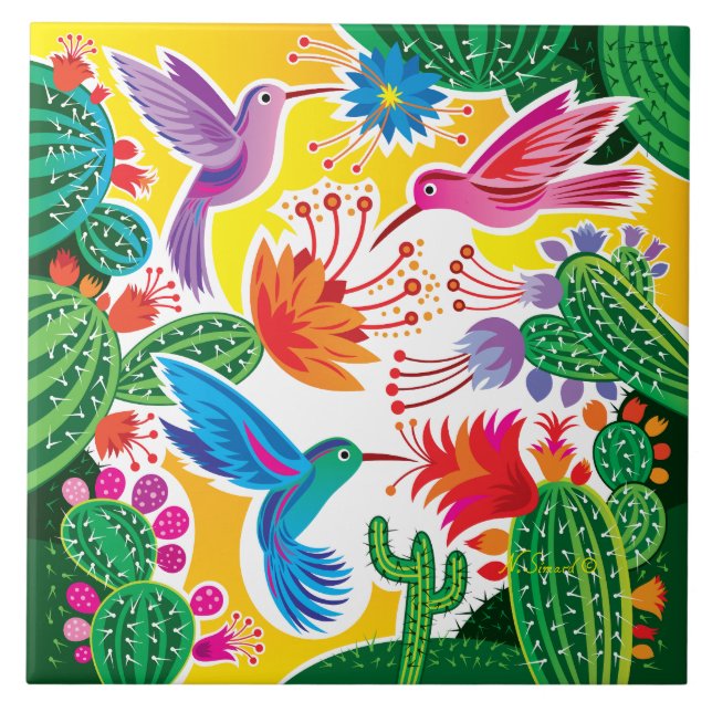 Azulejo Colibríes y Cactus en Flor (Frente)