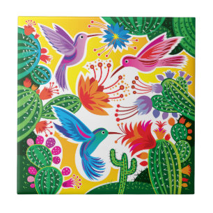 Azulejo Colibríes y Cactus en Flor