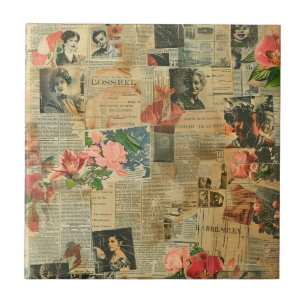 Azulejo Collage Botánico de periódico de orquídea con retr