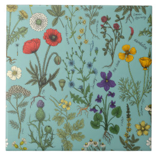 Azulejo Collage de flores silvestres sobre azul