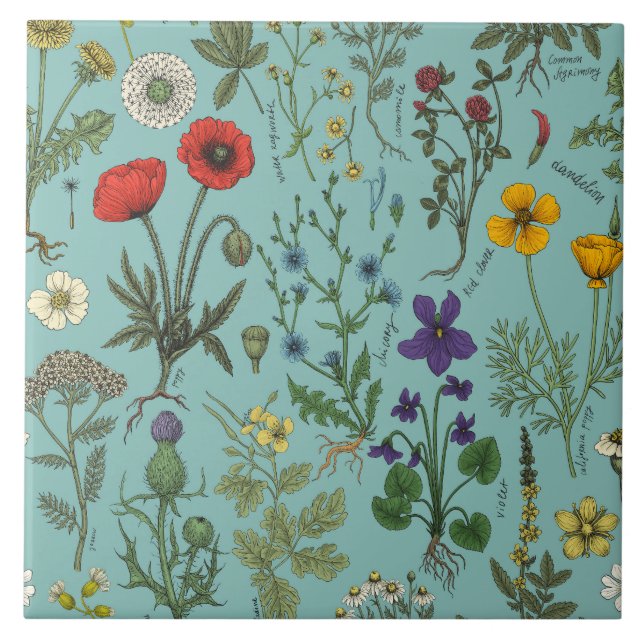 Azulejo Collage de flores silvestres sobre azul (Frente)
