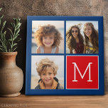 Azulejo Collage de fotos azul y rojo con monograma<br><div class="desc">Utiliza 3 fotos cuadradas para crear un regalo único y personal. Si necesita ajustar las imágenes,  haga clic en la herramienta personalizar para realizar cambios.</div>