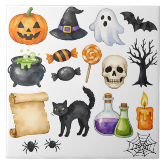Azulejo Collage de Halloween con acuarela