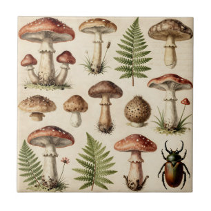 Azulejo Collage de helecho de hongo botánico vintage