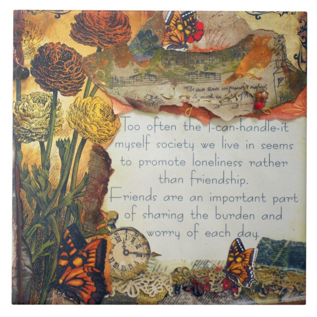 Azulejo Collage de Medios Mixtos de Flores de Mariposas de (Frente)