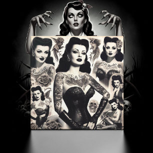 Azulejo Collage de mujer gótica tatuada vintage