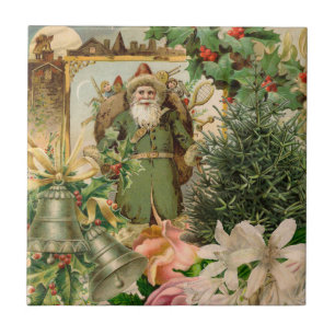Azulejo Collage Navideño de Santa Verde del Viejo Mundo An
