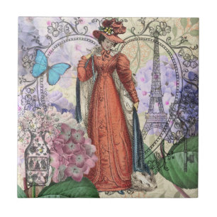 Azulejo Collage romántico de la Torre Eiffel de París vint