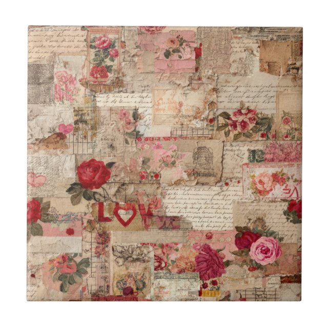 Azulejo Collage Romántico de Rosas Vintage (8) (Frente)