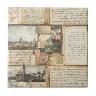 Azulejo Collage vintage de postales con letras europeas