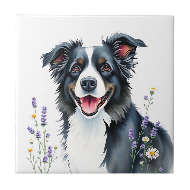 Azulejo Collie de borde acuarela con Lavanda y Daisies (Frente)